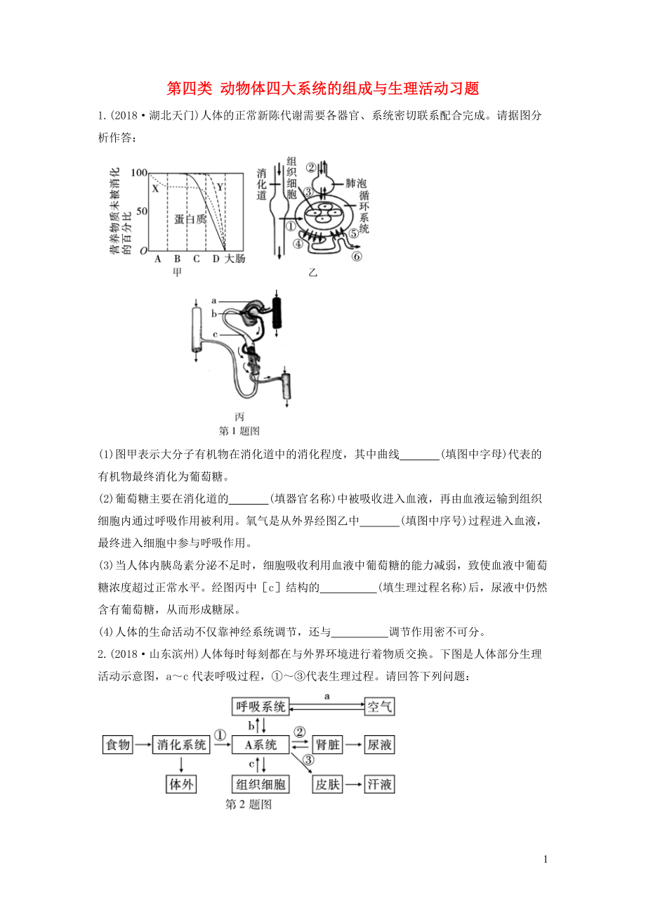 2019中考生物總復習 第二部分 重點題型探究 題型二 識圖題 第四類 動物體四大系統(tǒng)的組成與生理活動習題_第1頁