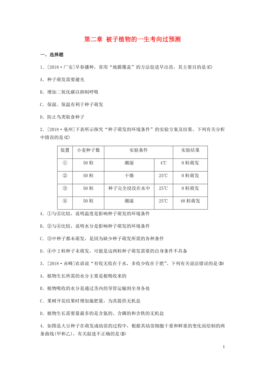 （聊城專版）山東省2019年中考生物總復(fù)習(xí) 第三單元 生物圈中的綠色植物 第二章 被子植物的一生考向過預(yù)測_第1頁