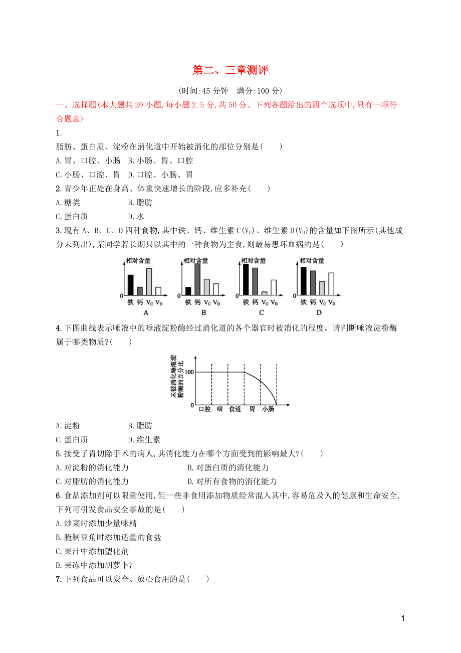 2019年春七年級(jí)生物下冊(cè) 第二章 人體的營(yíng)養(yǎng)、第三章 人體的呼吸測(cè)評(píng) （新版）新人教版_第1頁(yè)