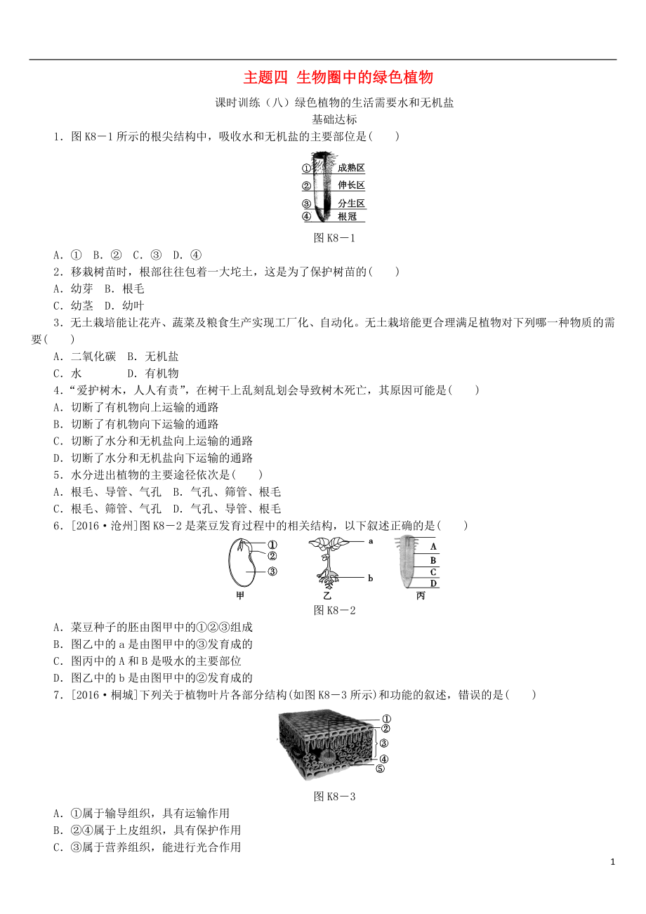 （北京專版）2018年中考生物復(fù)習(xí)方案 主題四 生物圈中的綠色植物 第8課時 綠色植物的生活需要水和無機鹽作業(yè)手冊_第1頁