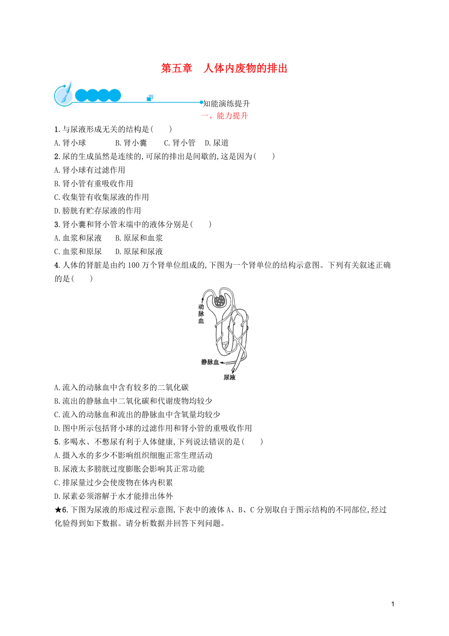 （福建專版）2019春七年級生物下冊 第四單元 生物圈中的人 第五章 人體內(nèi)廢物的排出知能演練提升 （新版）新人教版_第1頁