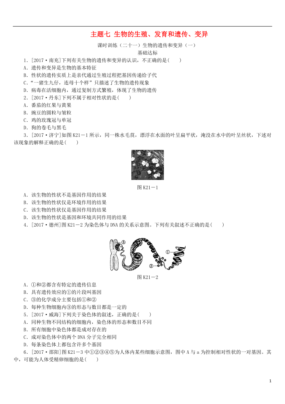 （北京專版）2018年中考生物復(fù)習(xí)方案 主題七 生物的生殖、發(fā)育和遺傳、變異 第21課時(shí) 生物的遺傳和變異（一）作業(yè)手冊(cè)_第1頁(yè)