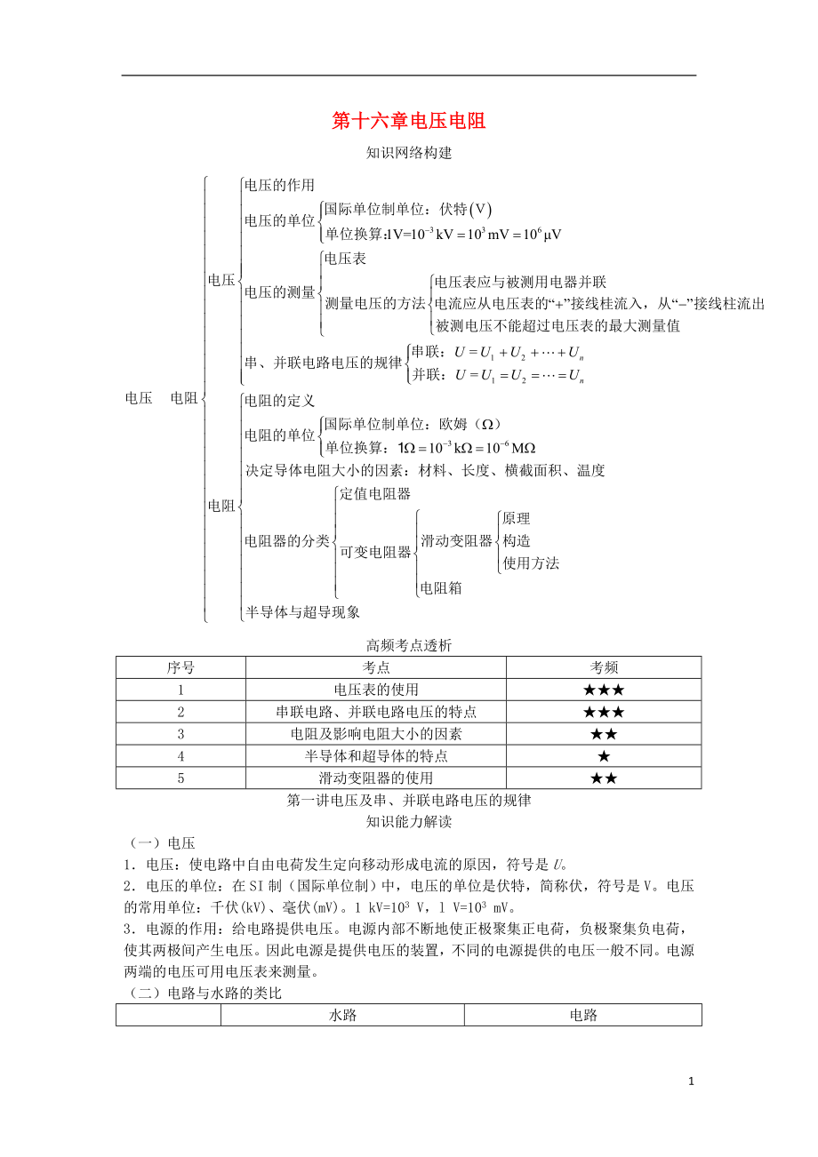 2018屆中考物理 基礎知識手冊 第十六章 電壓 電阻_第1頁