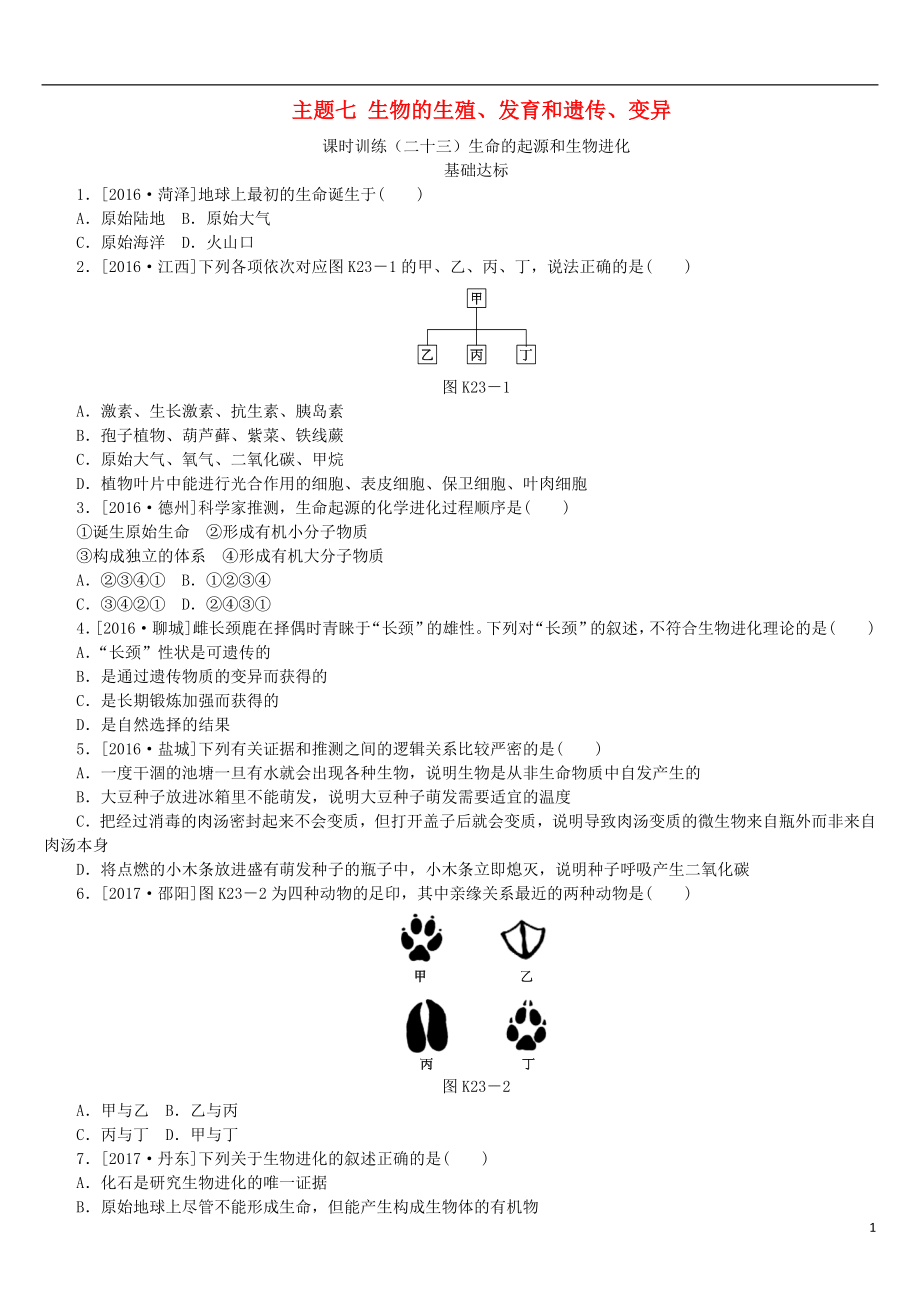 （北京專版）2018年中考生物復(fù)習(xí)方案 主題七 生物的生殖、發(fā)育和遺傳、變異 第23課時(shí) 生命的起源和生物進(jìn)化作業(yè)手冊(cè)_第1頁