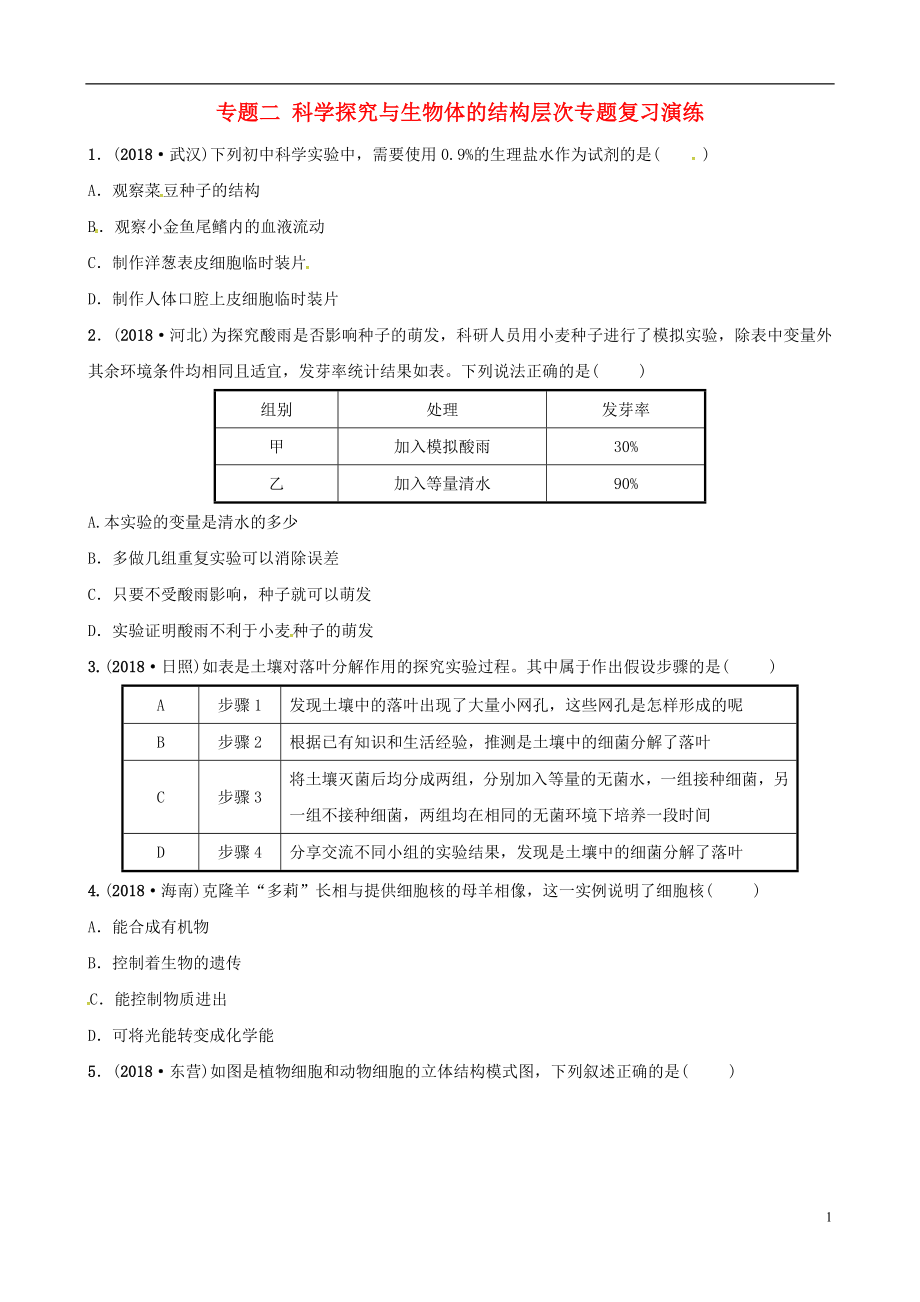 （江西專版）2019中考生物 第2部分 專題二 科學(xué)探究與生物體的結(jié)構(gòu)層次專題復(fù)習(xí)演練_第1頁