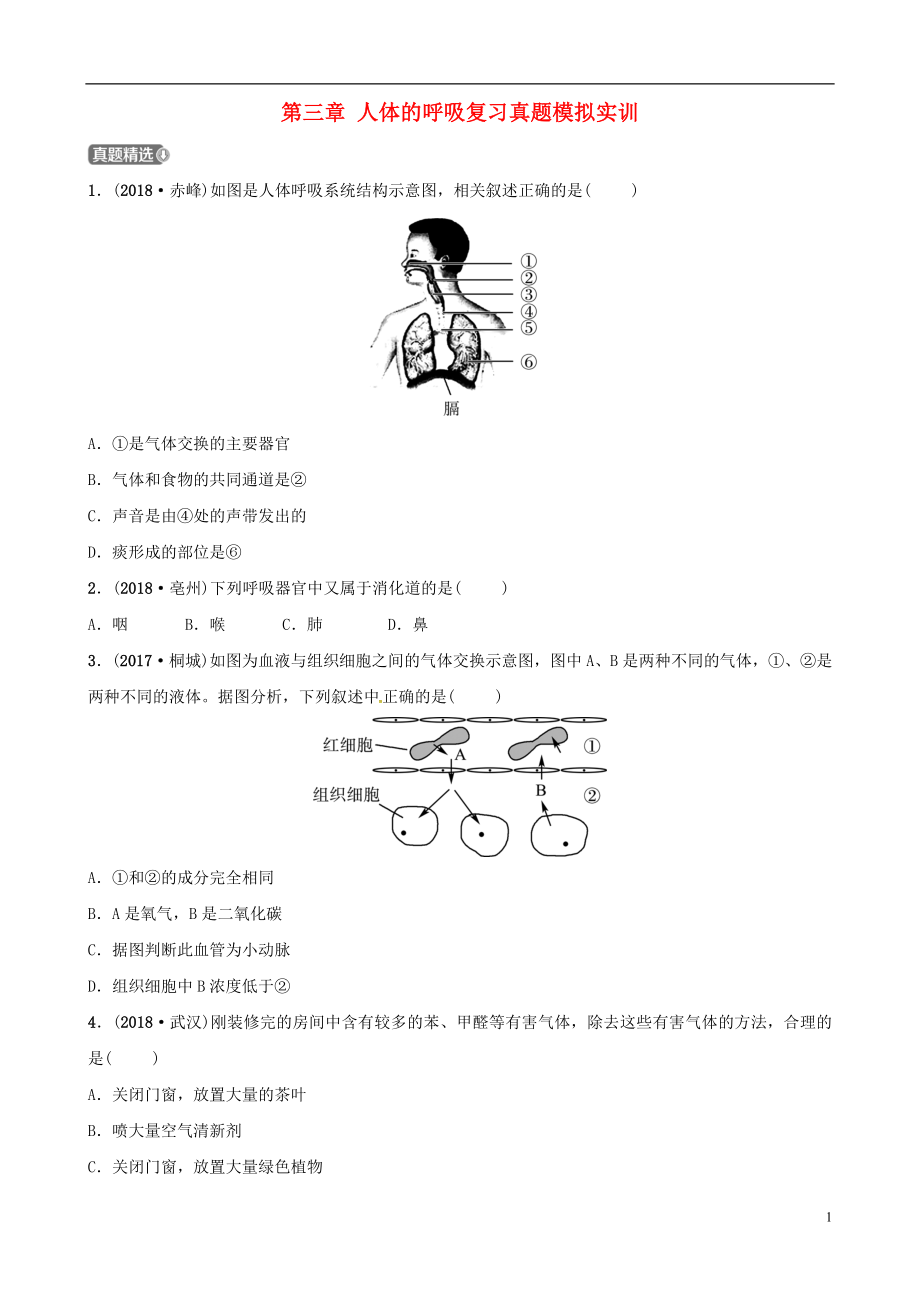 （江西專版）2019中考生物 第1部分 第四單元 第三章 人體的呼吸復(fù)習(xí)真題模擬實訓(xùn)_第1頁