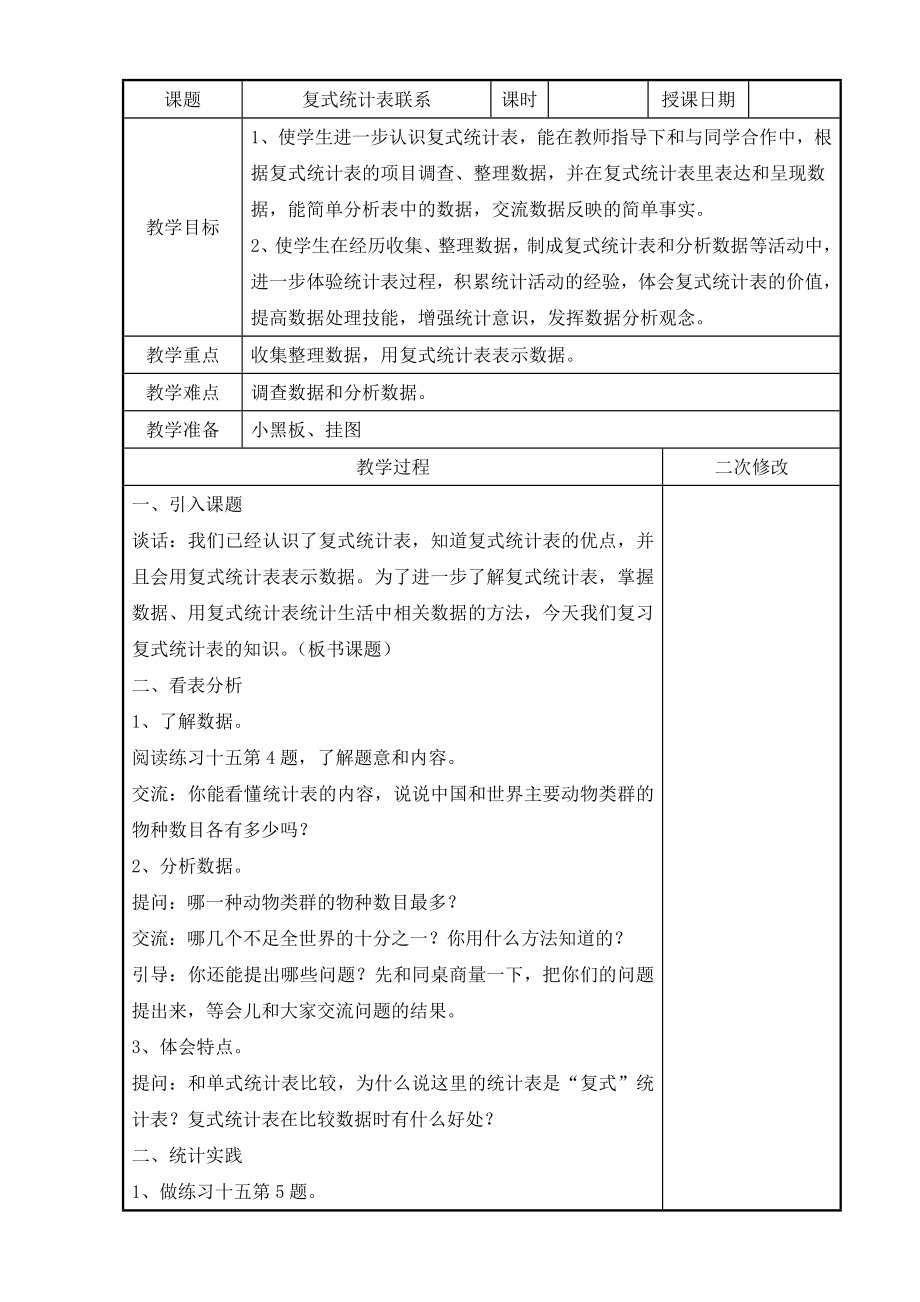 苏教版新教材五年级数学上册《复式统计表练习》教案_第1页