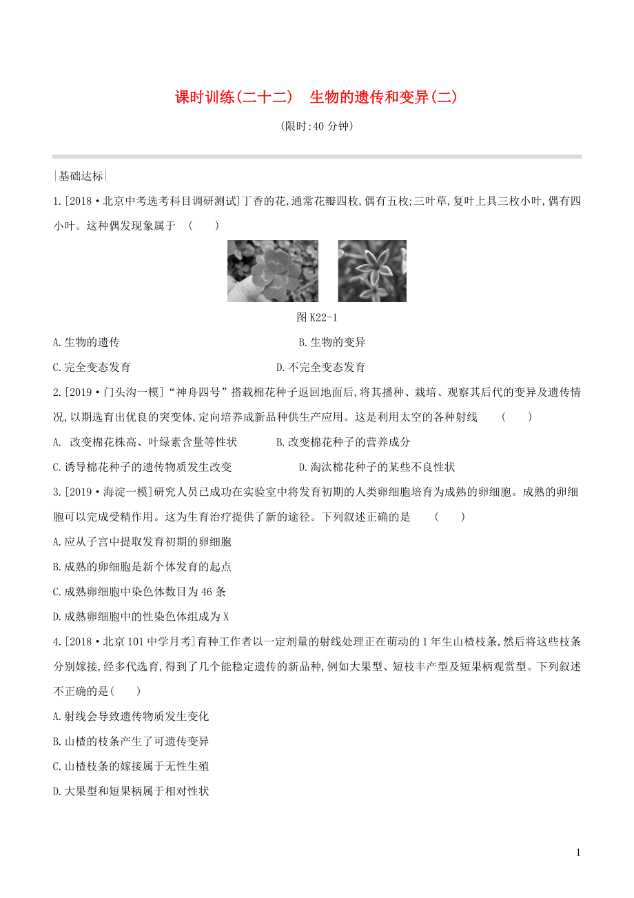 （北京專版）2020年中考生物復習 主題七 生物的生殖 發(fā)育和遺傳 變異 課時訓練22 生物的遺傳和變異（二）_第1頁