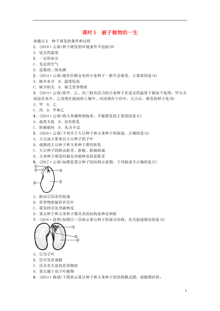 （云南專(zhuān)版）2019屆中考生物 教材考點(diǎn)梳理 第5課時(shí) 被子植物的一生_第1頁(yè)