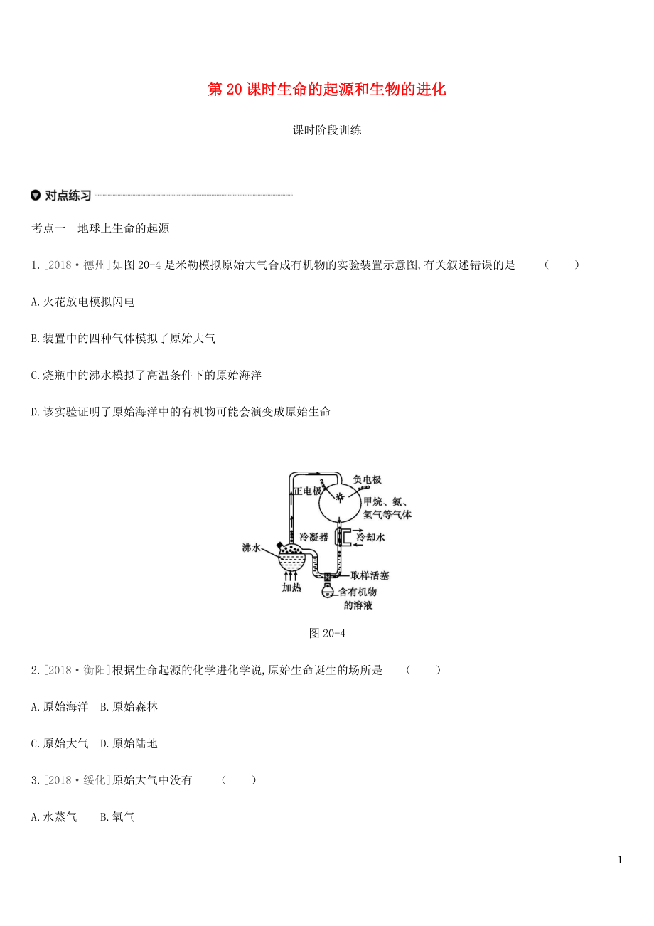 內(nèi)蒙古包頭市2019年中考生物 第六單元 生命的延續(xù)和發(fā)展 第20課時 生命的起源和生物的進化復(fù)習(xí)練習(xí)_第1頁