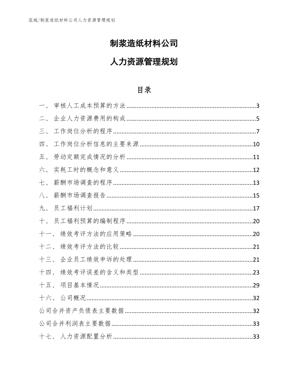 制浆造纸材料公司人力资源管理规划（参考）_第1页