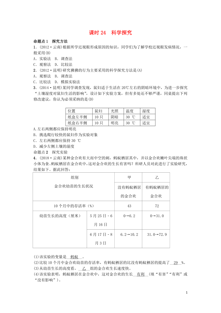 （云南專版）2019屆中考生物 教材考點(diǎn)梳理 第24課時(shí) 科學(xué)探究_第1頁(yè)