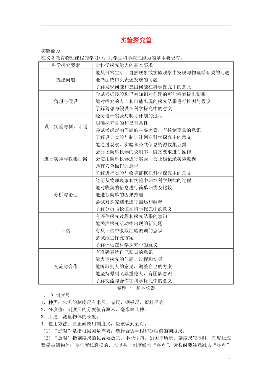 2018屆中考物理 基礎(chǔ)知識(shí)手冊(cè) 專(zhuān)題一 基本儀器_第1頁(yè)