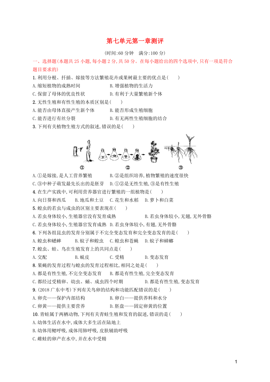 （福建專版）2019春八年級生物下冊 第七單元 生物圈中生命的延續(xù)和發(fā)展 第一章 生物的生殖和發(fā)育測評 （新版）新人教版_第1頁