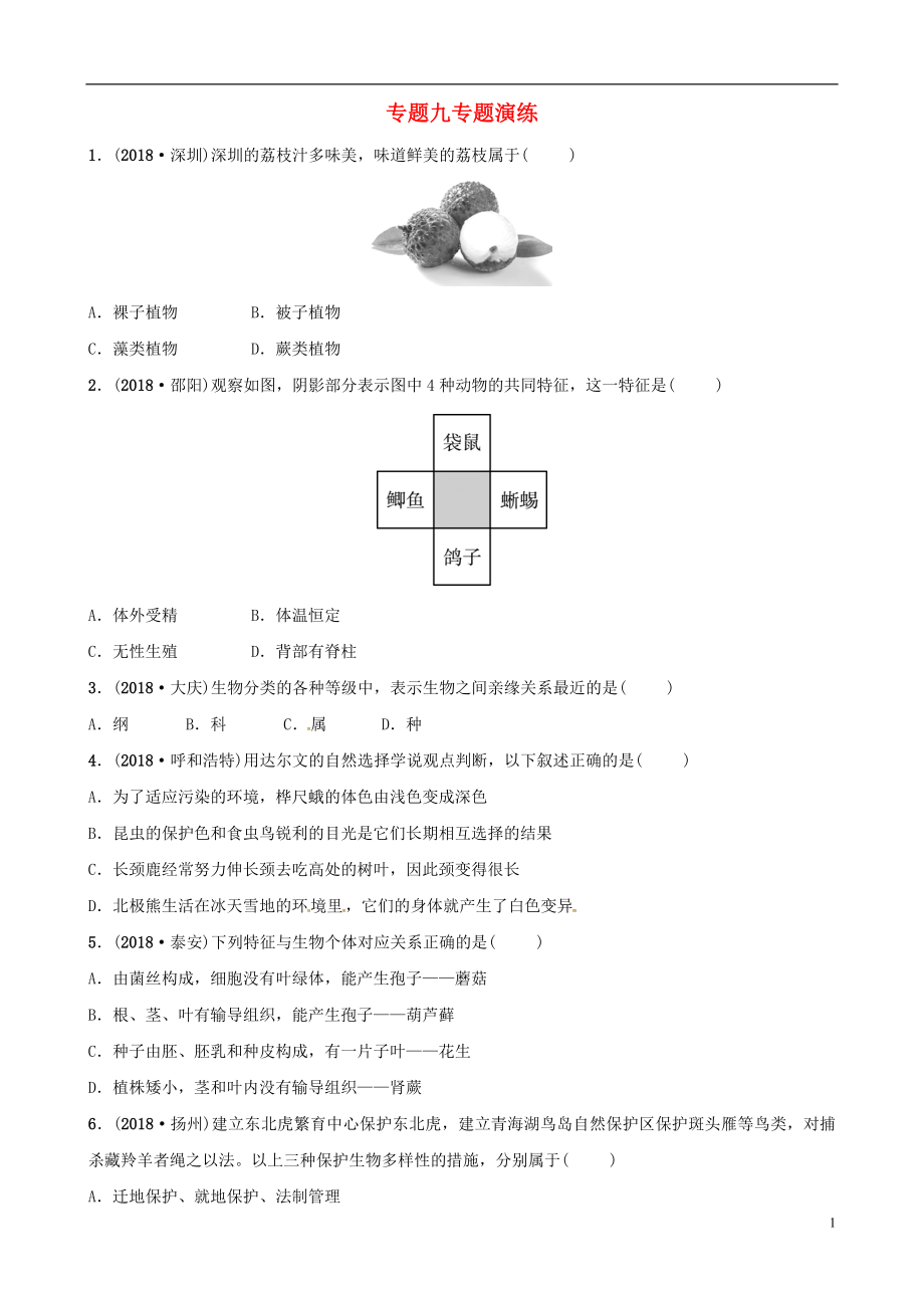 （濟寧專版）2019年中考生物 專題九專題演練_第1頁