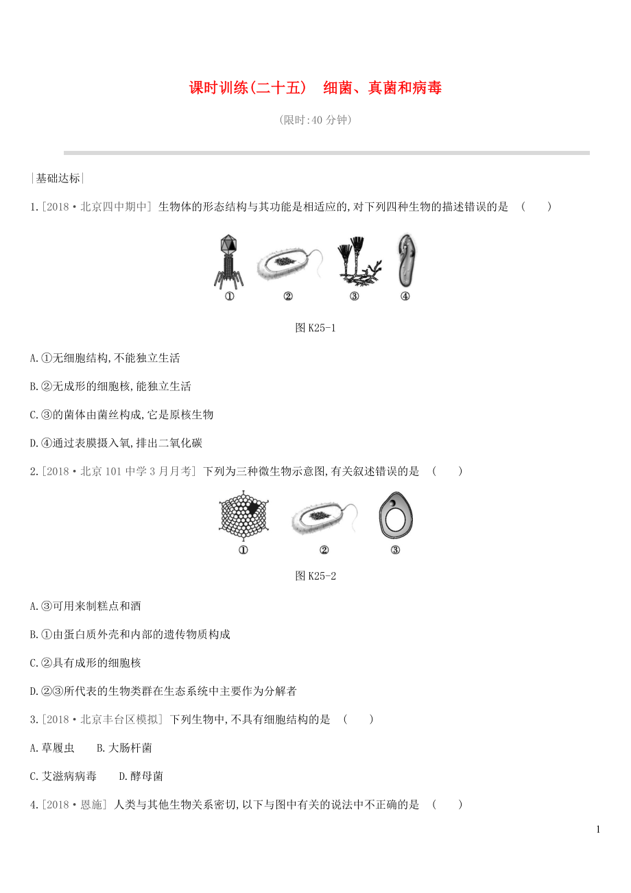 北京市2019年中考生物 主題復習八 生物的多樣性 課時訓練25 細菌、真菌和病毒_第1頁