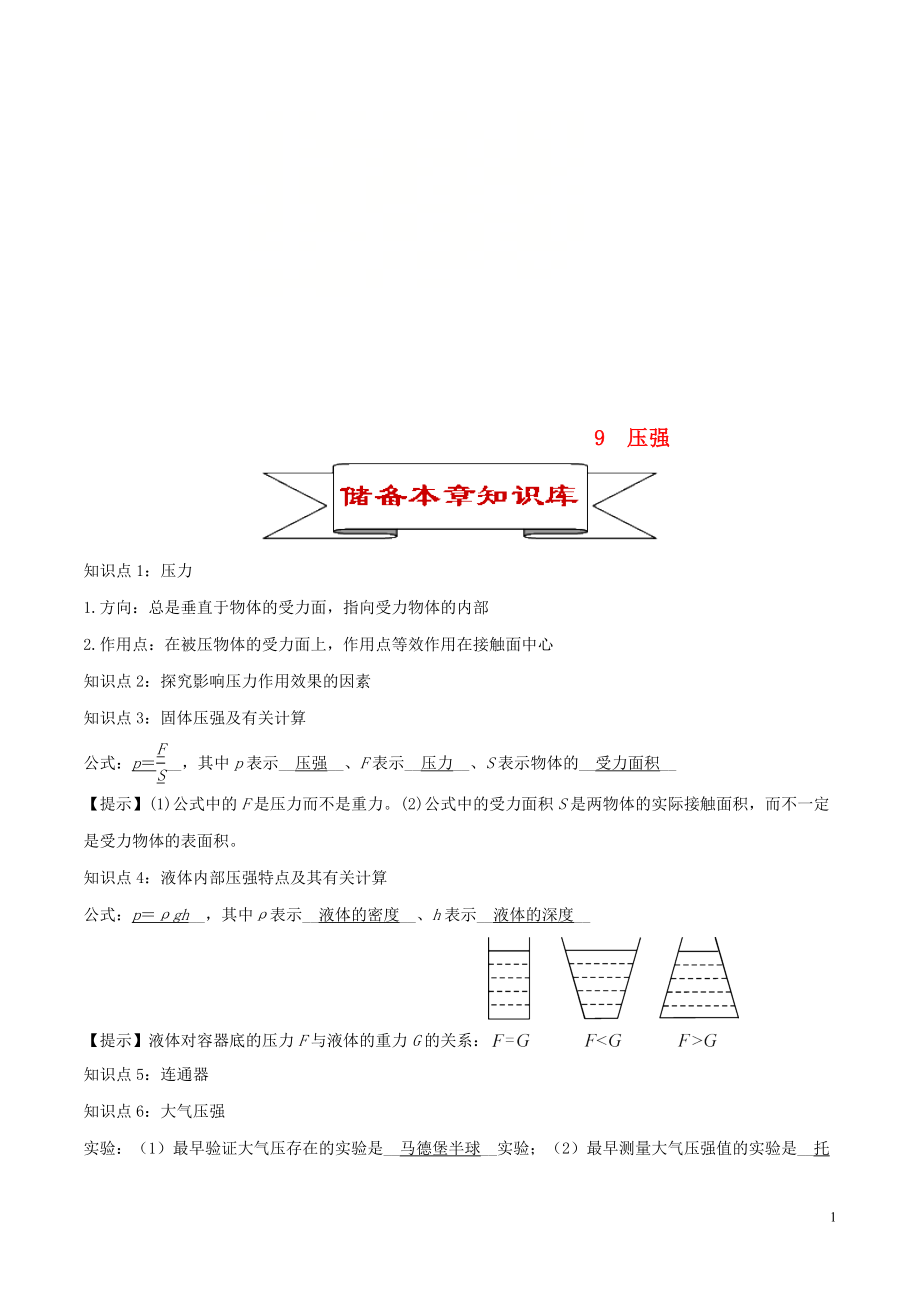 2020年中考物理 9 壓強(qiáng)知識(shí)庫(kù)與專題訓(xùn)練_第1頁(yè)