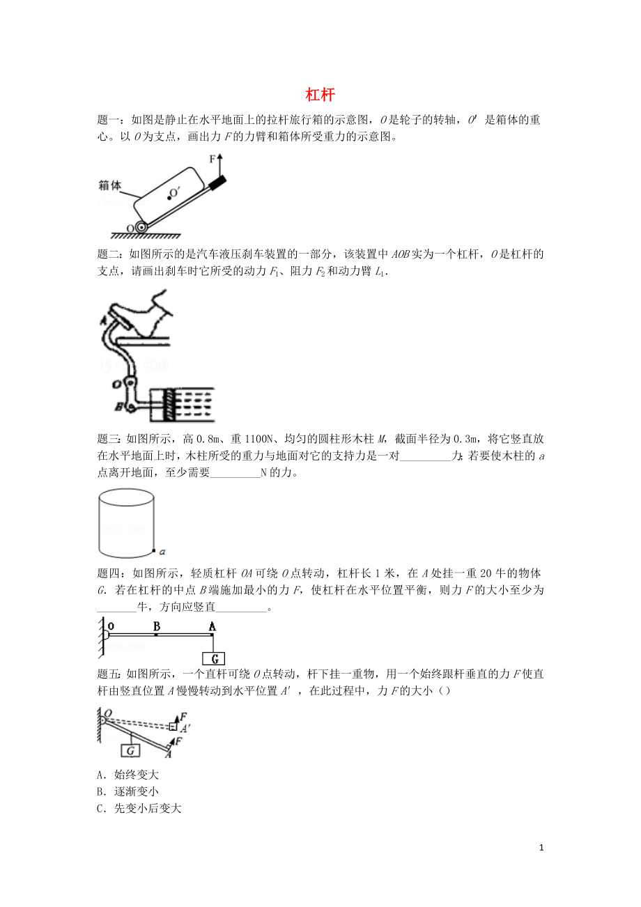 2019年中考物理重点知识点专项练习 杠杆_第1页