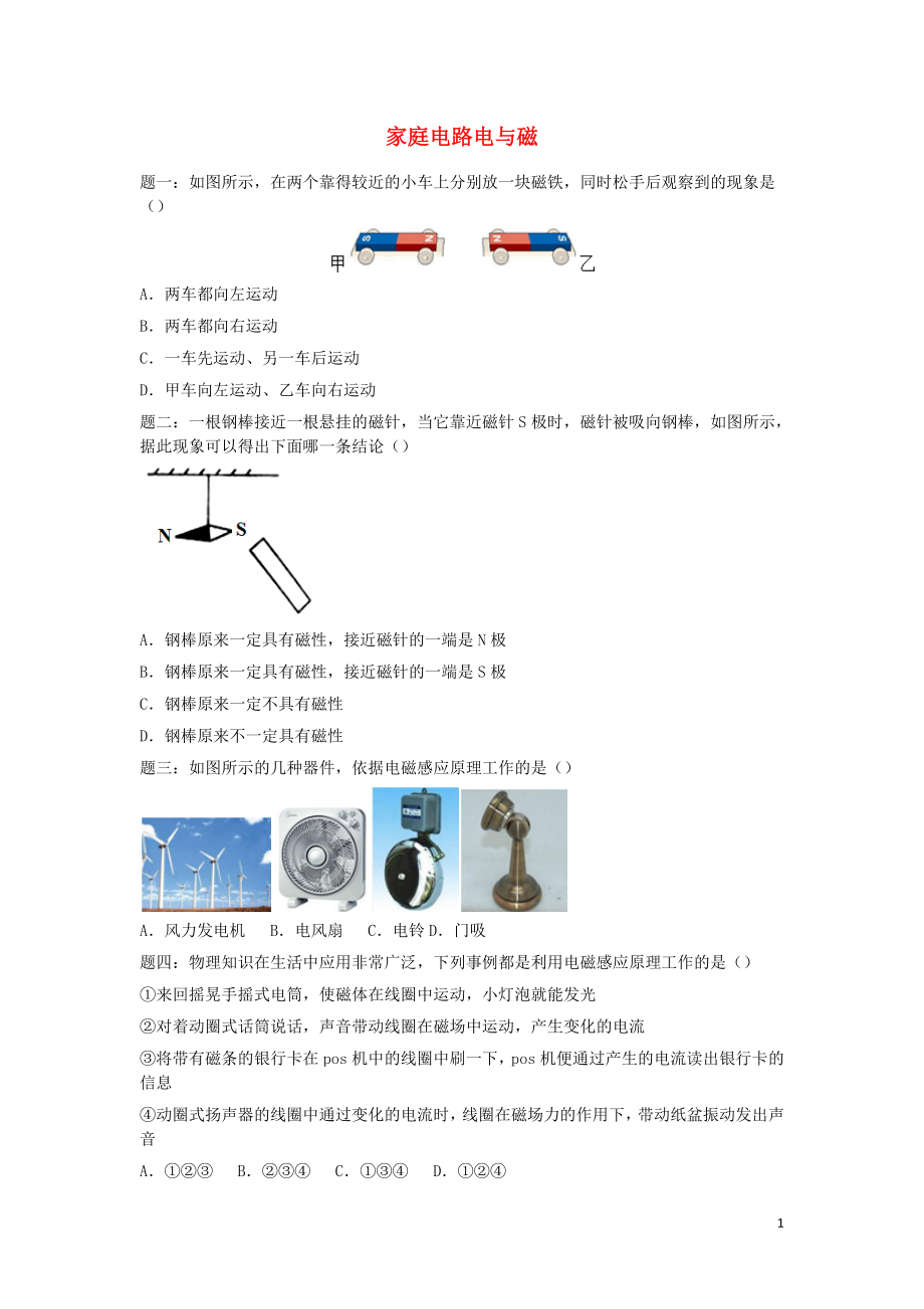 2019年中考物理重点知识点专项练习 家庭电路电与磁_第1页