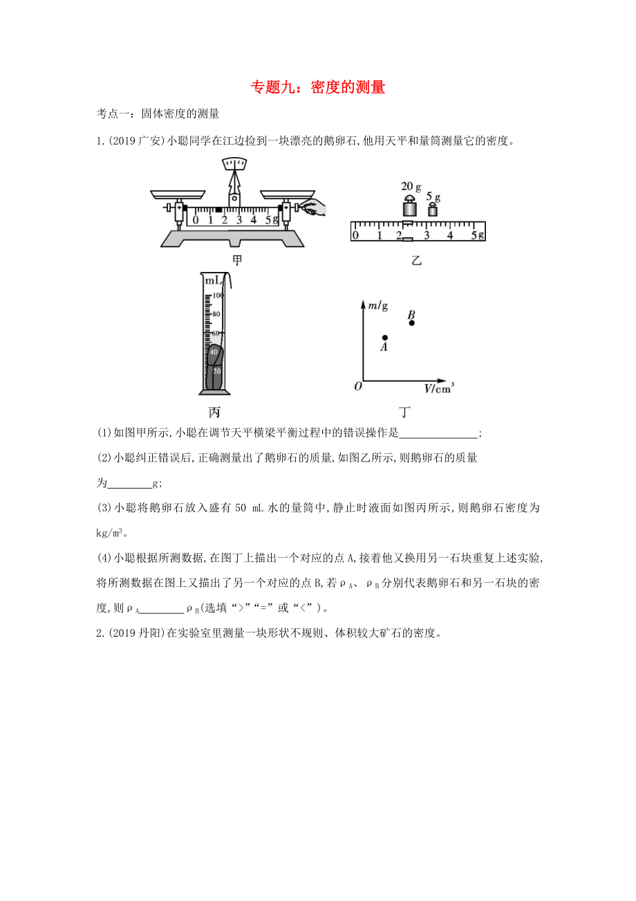 2020中考物理重點知識強化訓練 專題九 密度的測量試題_第1頁