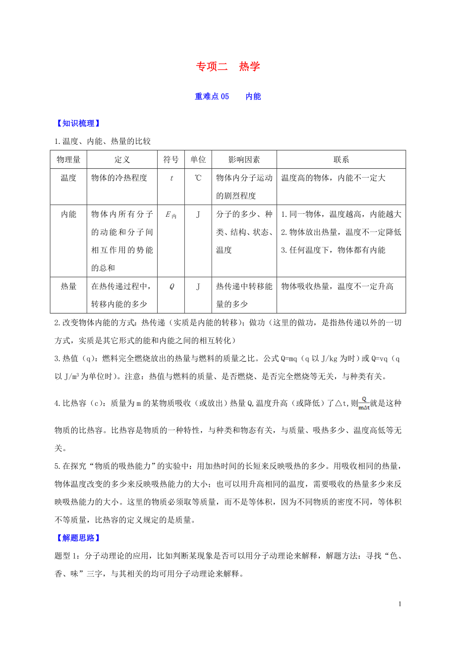 2020年中考物理重難點(diǎn)專練05 內(nèi)能（專項(xiàng)二 熱學(xué)）（含解析）_第1頁