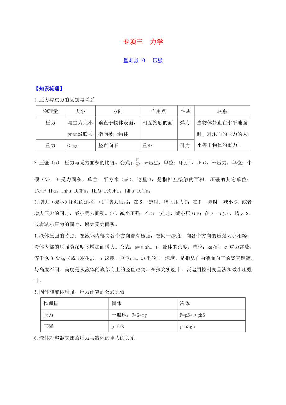 2020年中考物理重难点专练10 压强（专项三 力学）（含解析）_第1页