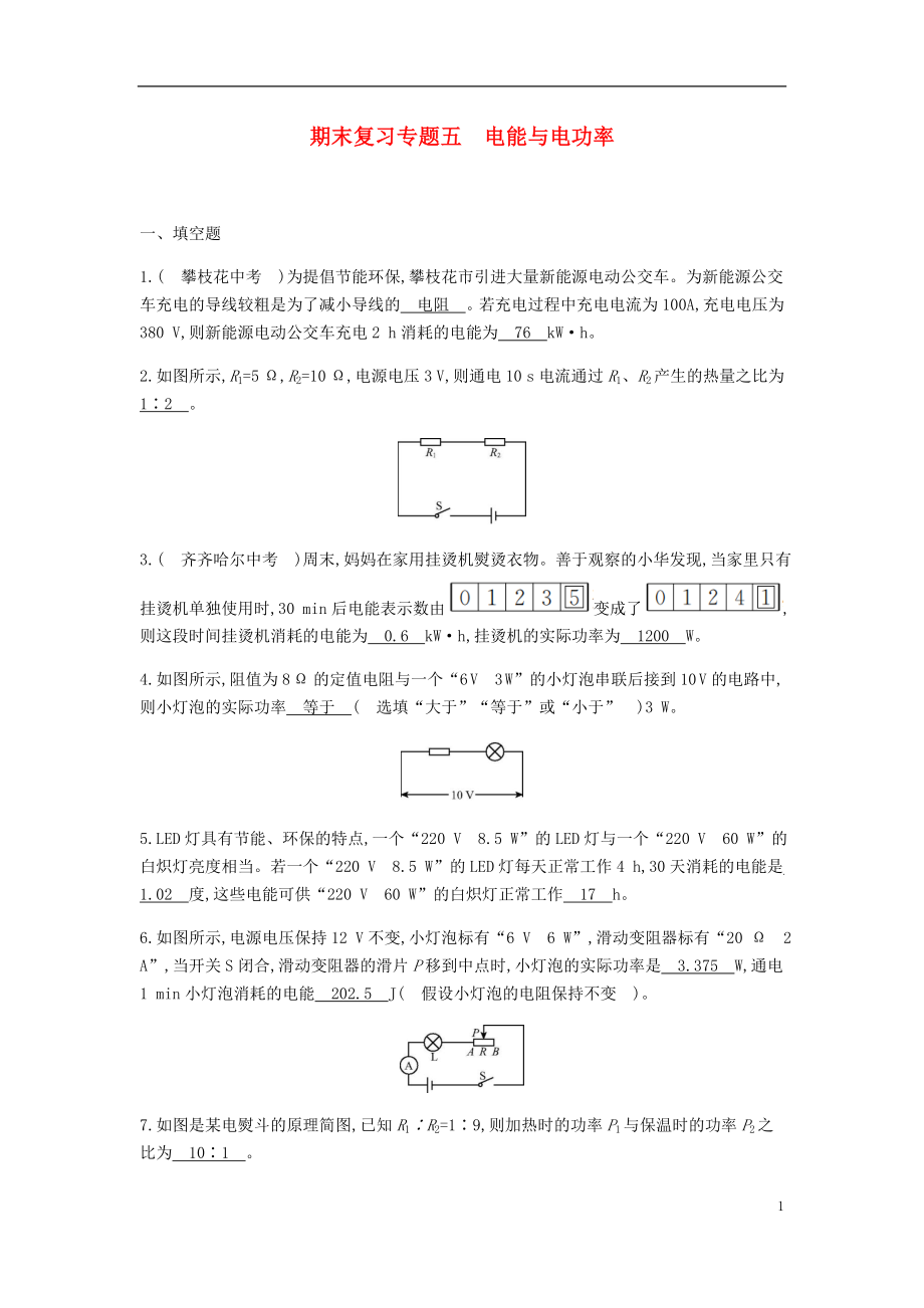 2019-2020学年九年级物理下册 期末复习专题五 电能与电功率精炼（新版）粤教沪版_第1页