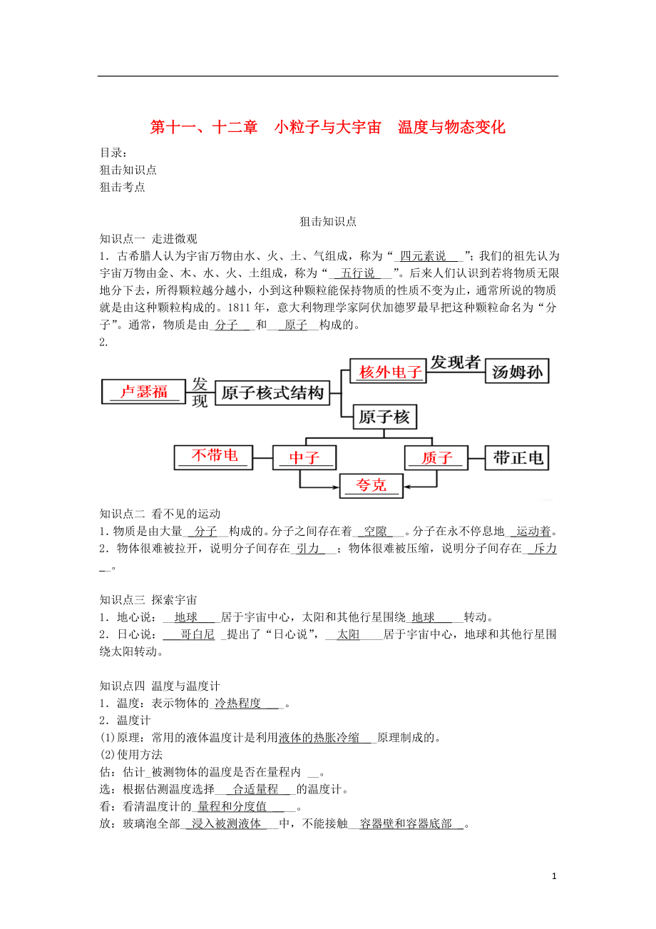 中考物理總復(fù)習(xí) 第十一、十二章 小粒子與大宇宙 溫度與物態(tài)變化_第1頁