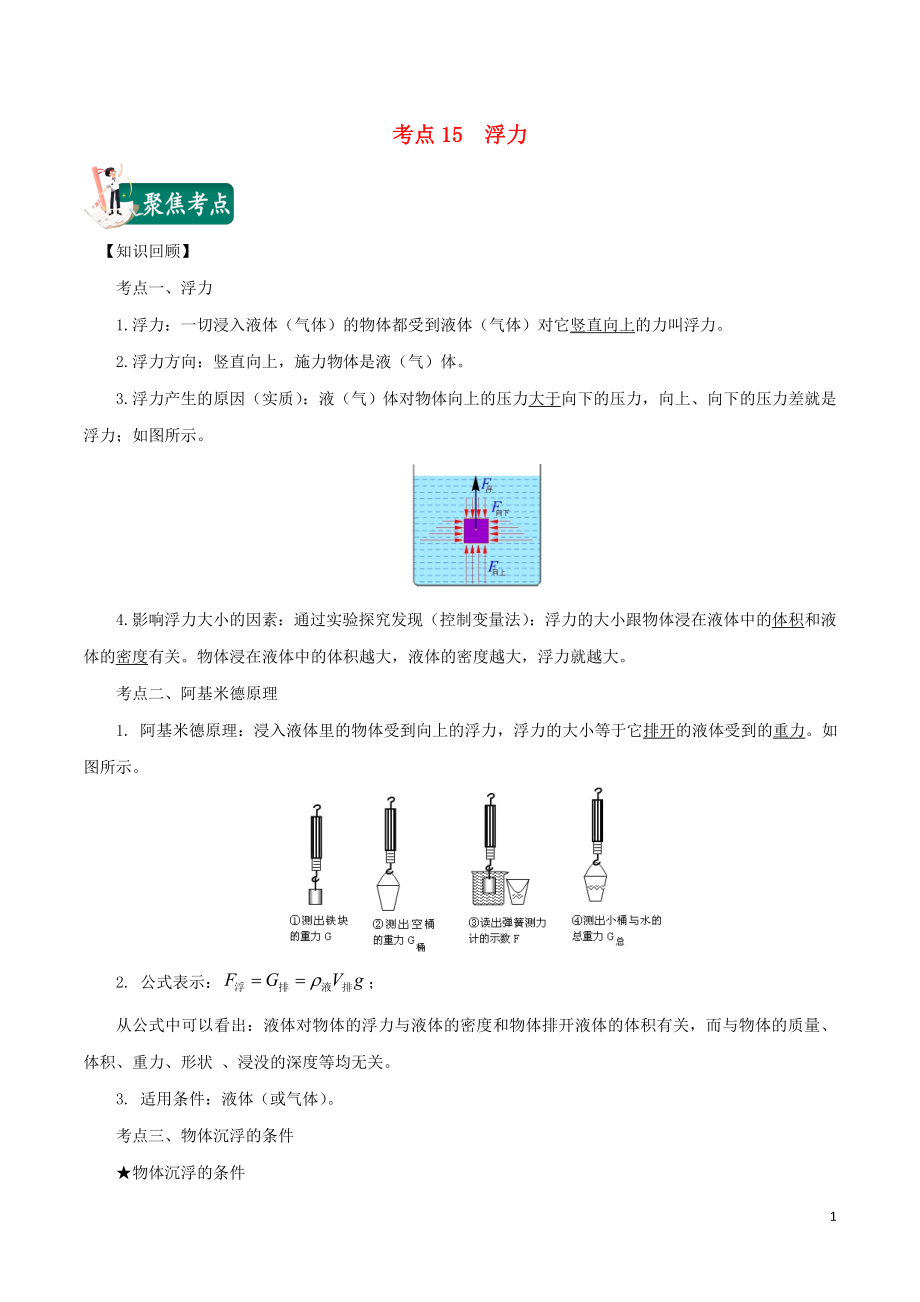 2020年中考物理 考點總動員 考點15 浮力（含解析）_第1頁