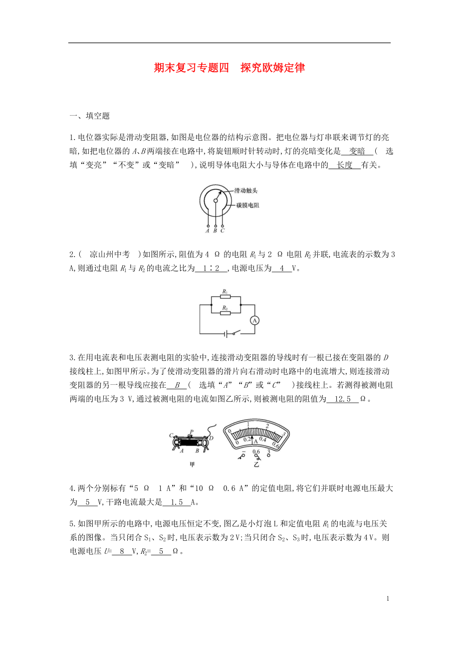 2019-2020學(xué)年九年級(jí)物理下冊(cè) 期末復(fù)習(xí)專(zhuān)題四 探究歐姆定律精煉（新版）粵教滬版_第1頁(yè)