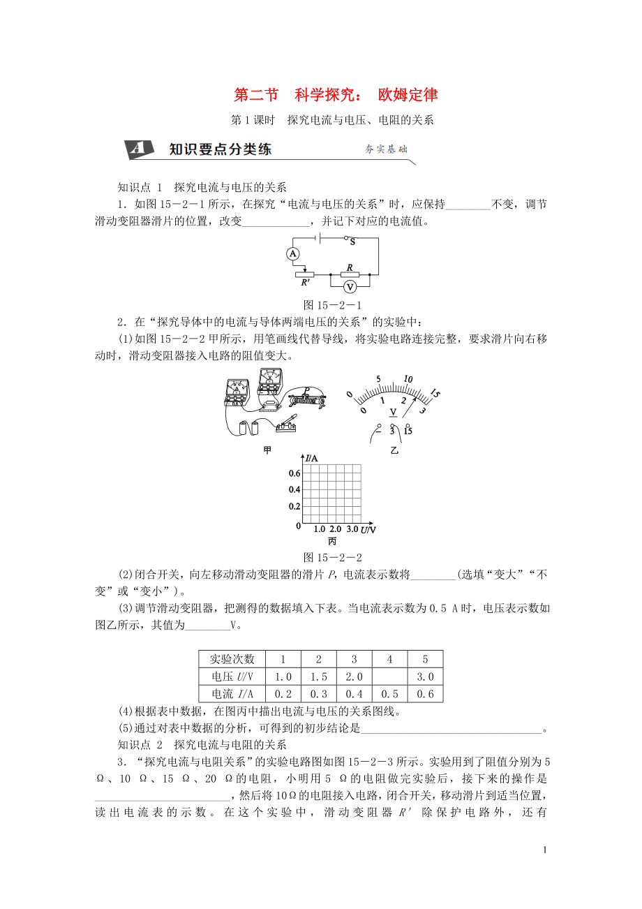 2018年九年級(jí)物理全冊(cè) 第十五章 第二節(jié) 科學(xué)探究： 歐姆定律（第1課時(shí) 探究電流與電壓、電阻的關(guān)系）練習(xí) （新版）滬科版_第1頁(yè)