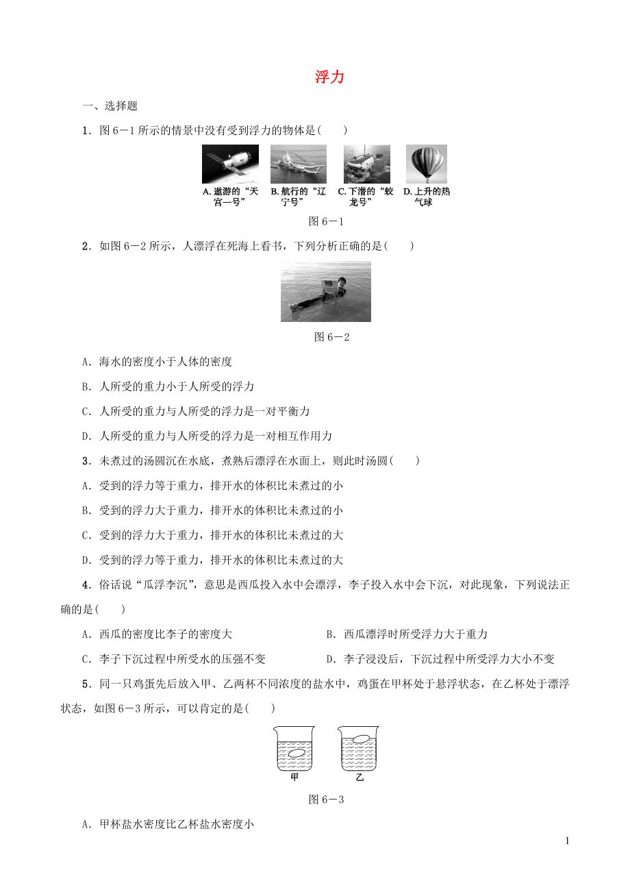 2019-2020學年八年級物理下冊 第06課時 浮力課時訓練 新人教版_第1頁