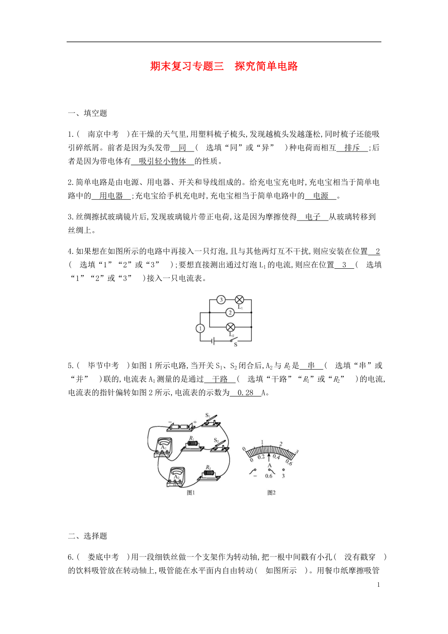 2019-2020学年九年级物理下册 期末复习专题三 探究简单电路精炼（新版）粤教沪版_第1页