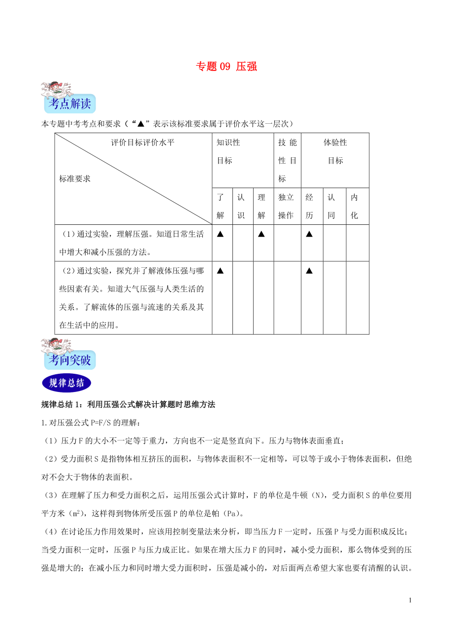 2年中考1年模擬備戰(zhàn)2020年中考物理 專題09 壓強（含解析）_第1頁