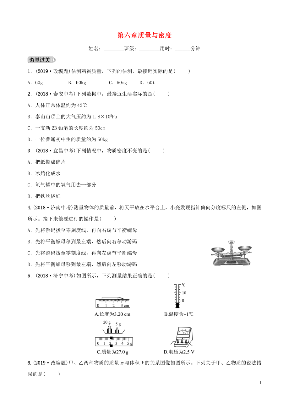 2019中考物理一輪復(fù)習(xí) 06 質(zhì)量與密度試題_第1頁