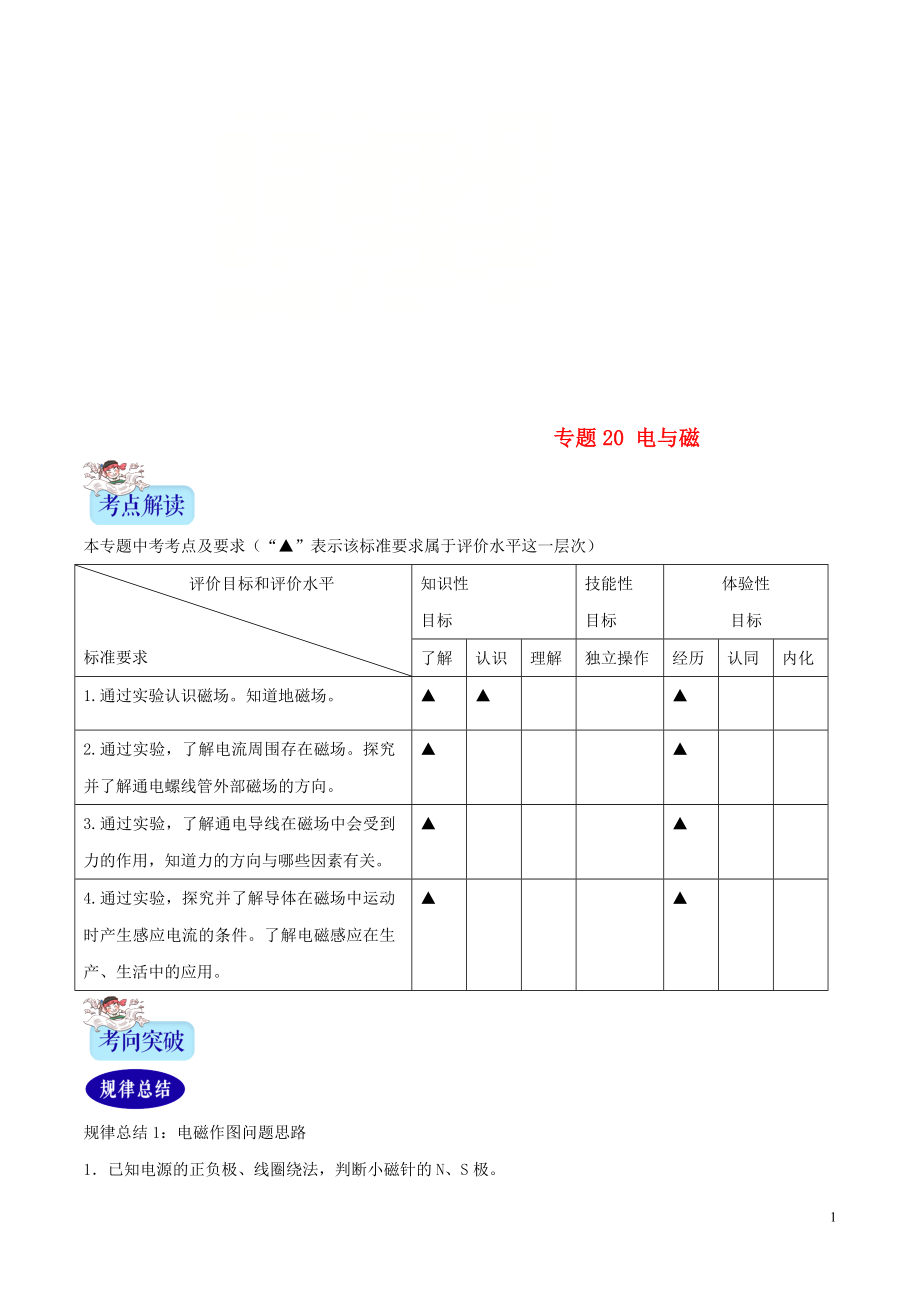 2年中考1年模擬備戰(zhàn)2020年中考物理 專題20 電與磁（含解析）_第1頁