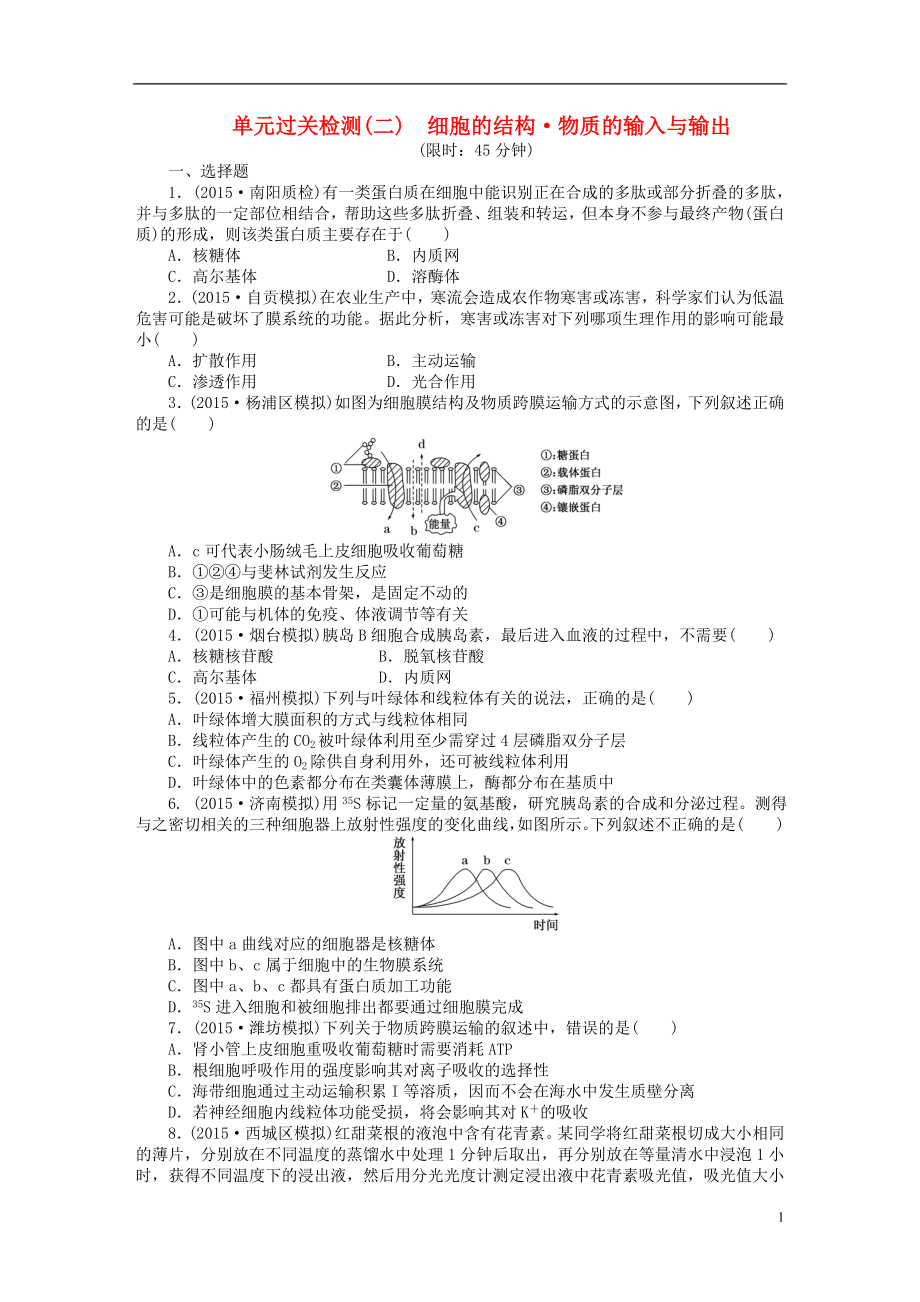 2016屆高三生物一輪復(fù)習(xí) 第二單元 細(xì)胞的結(jié)構(gòu) 物質(zhì)的輸入與輸出單元過(guò)關(guān)檢測(cè) 新人教版必修1_第1頁(yè)