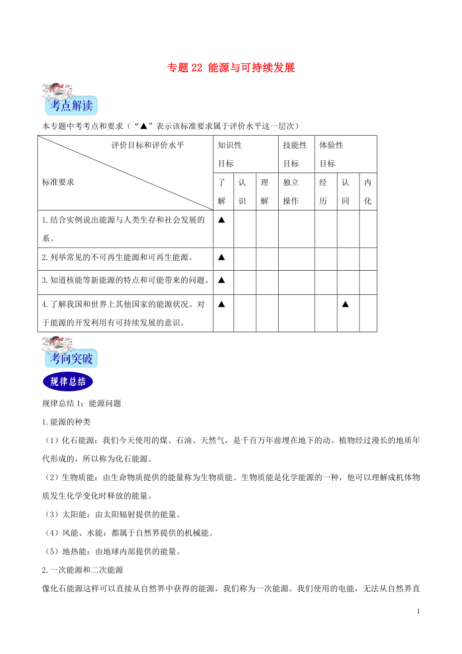 2年中考1年模擬備戰(zhàn)2020年中考物理 專題22 能源與可持續(xù)發(fā)展（含解析）_第1頁