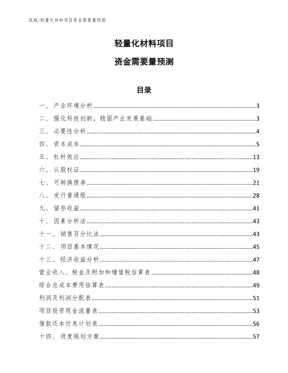 轻量化材料项目资金需要量预测_第1页