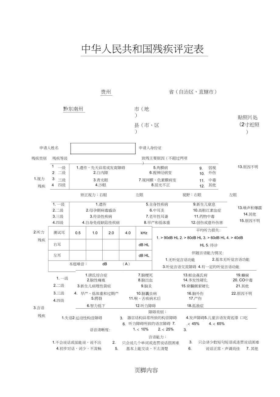 中华人民共和国残疾人证评定表格模板1