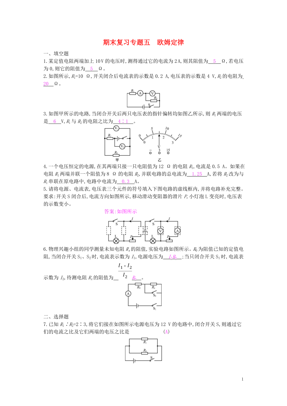 九年级物理全册 期末复习专题五 欧姆定律练习 （新版）新人教版_第1页