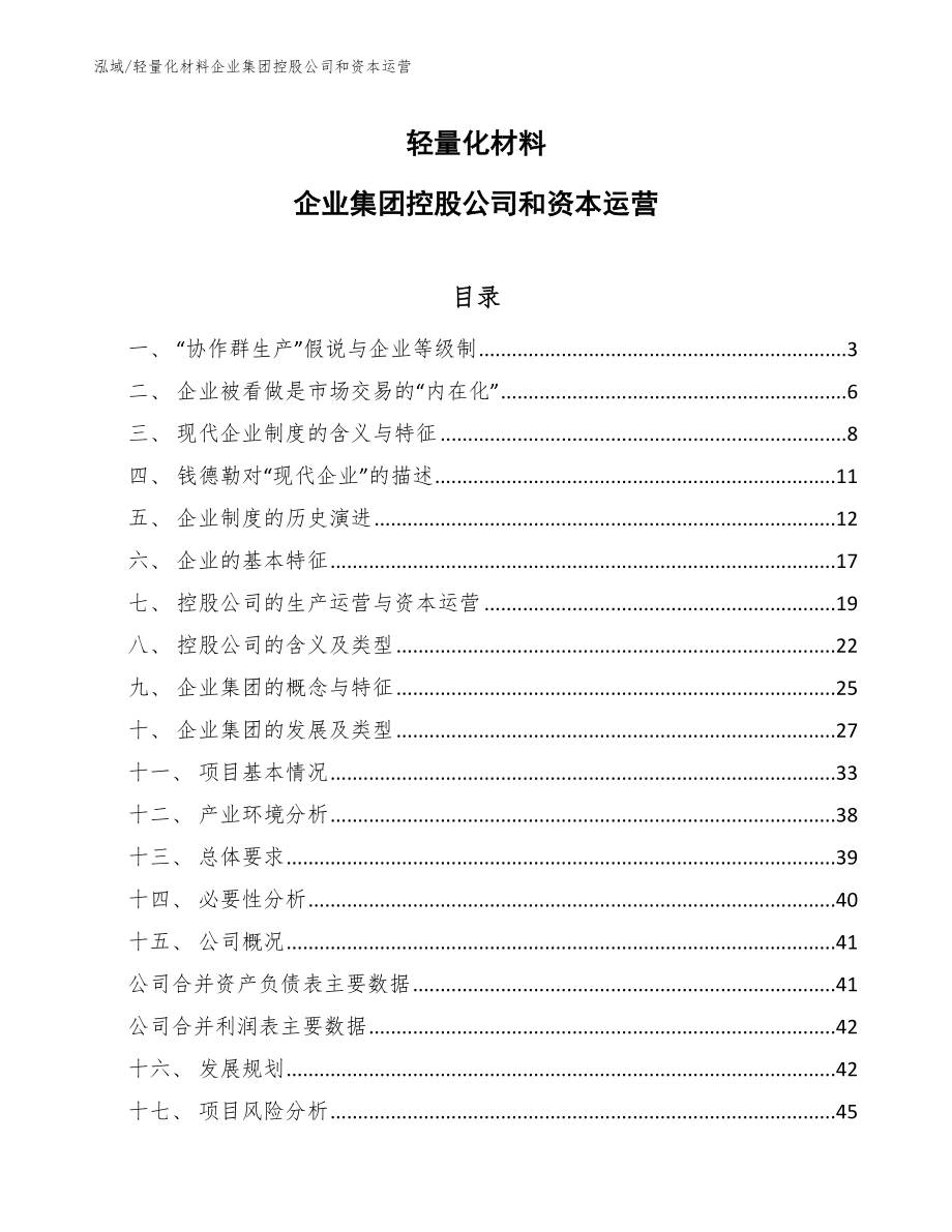 轻量化材料企业集团控股公司和资本运营_范文_第1页