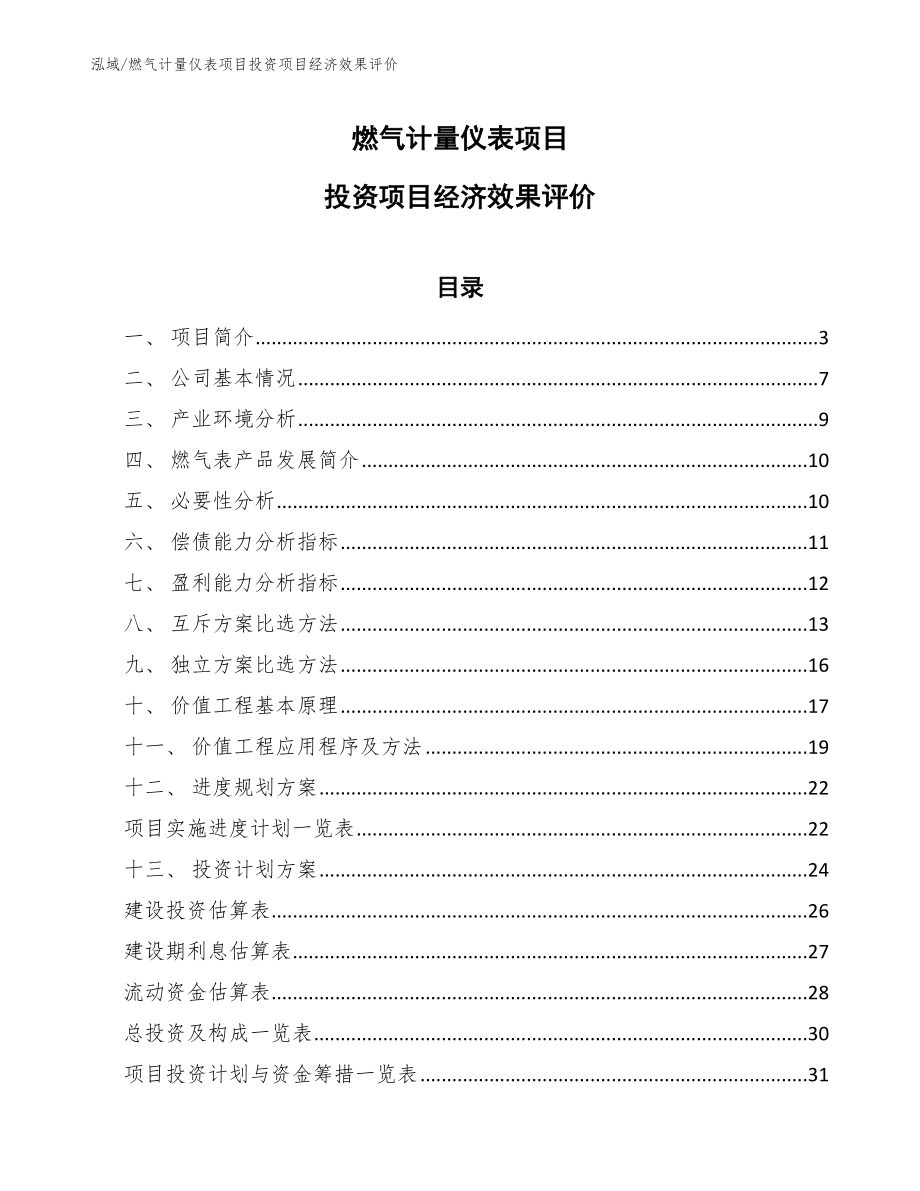 燃气计量仪表项目投资项目经济效果评价（参考）_第1页