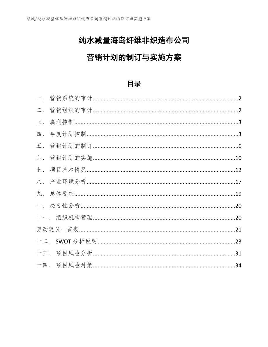 纯水减量海岛纤维非织造布公司营销计划的制订与实施方案_第1页