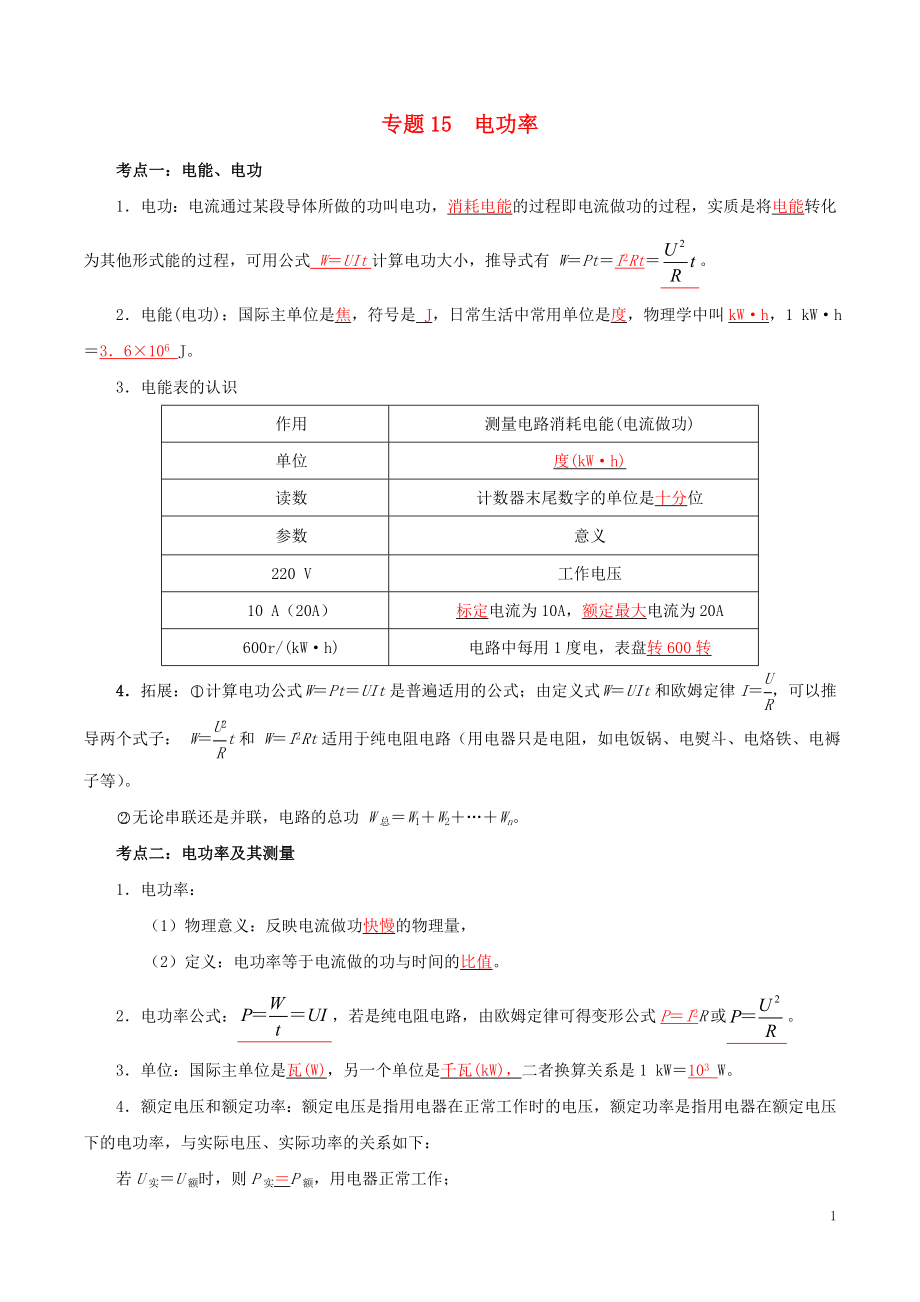 備考2019年中考物理知識點(diǎn)復(fù)習(xí)專練（知識點(diǎn)精講）專題15 電功率（含解析）_第1頁