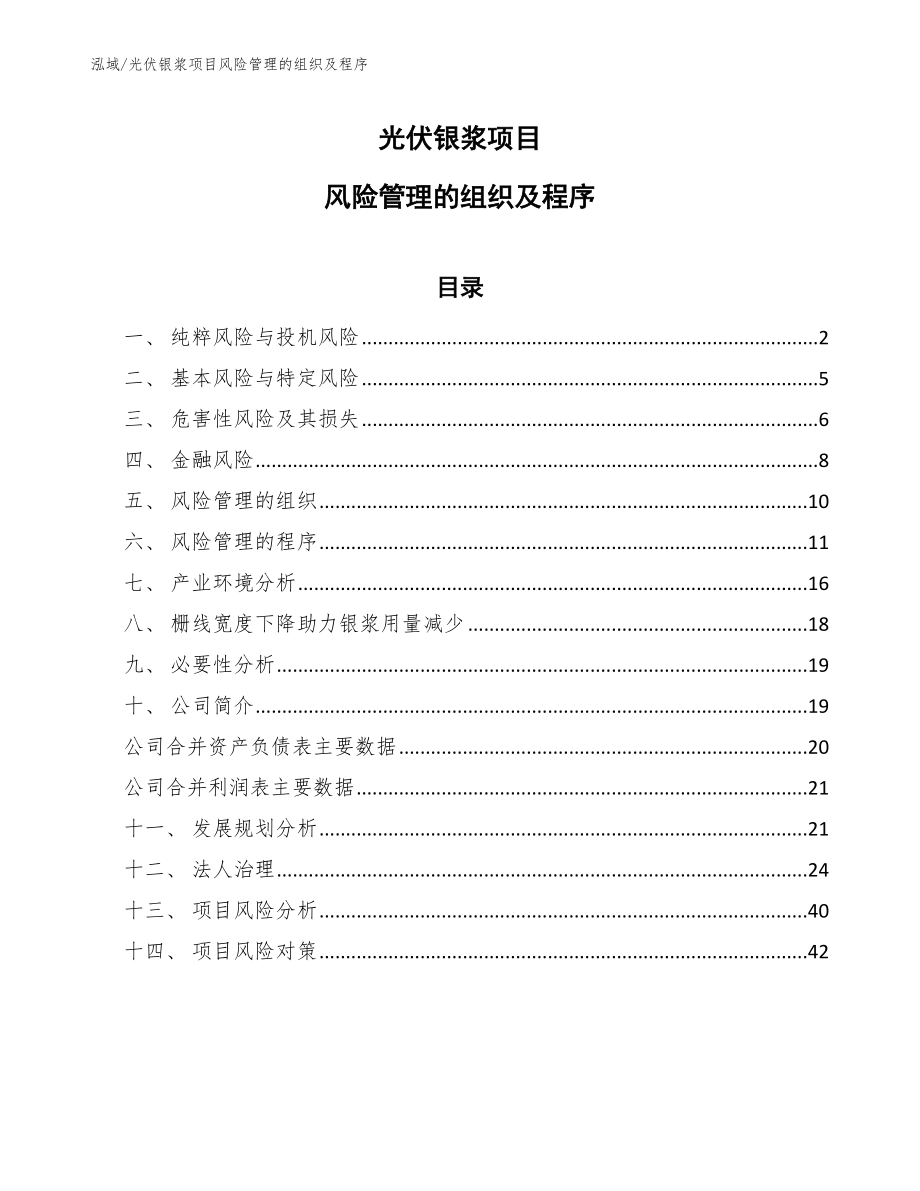 光伏银浆项目风险管理的组织及程序【范文】_第1页