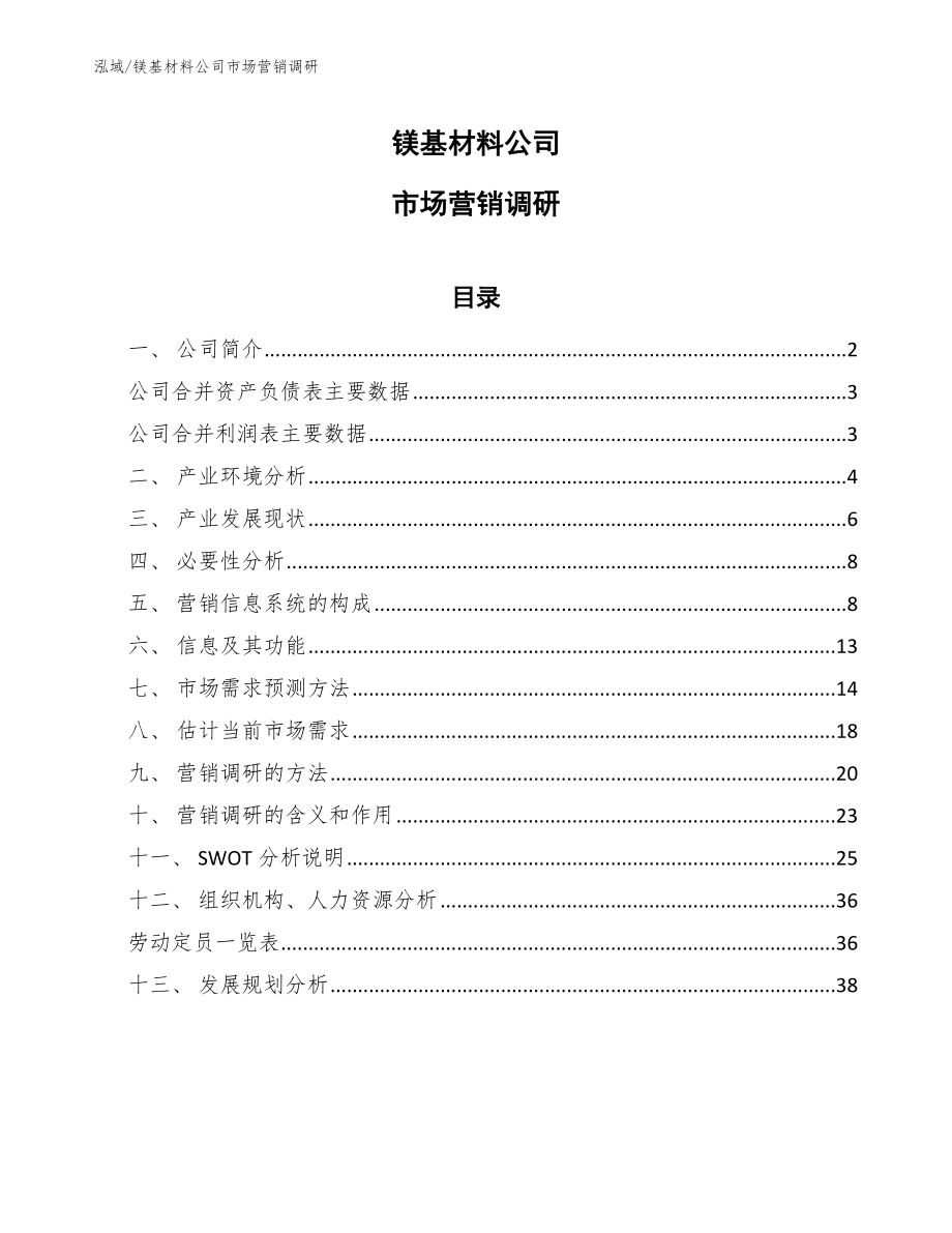 镁基材料公司市场营销调研【范文】_第1页