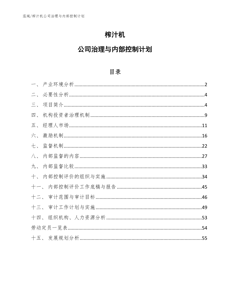 榨汁机公司治理与内部控制计划（范文）_第1页