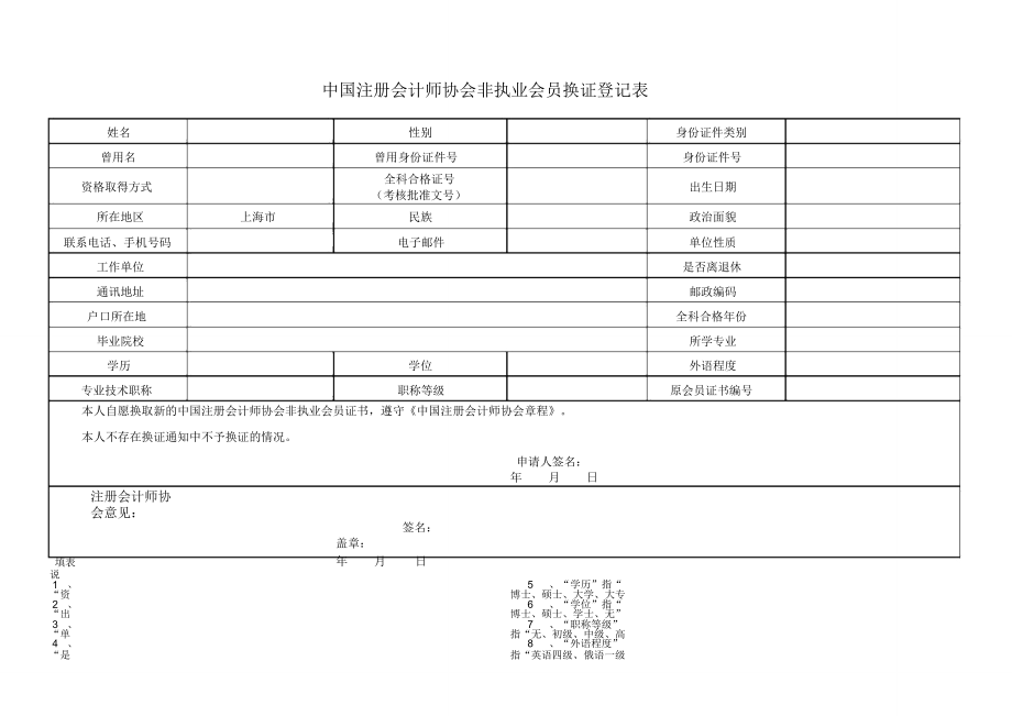 中国注册会计师协会非执业会员换证登记表_第1页