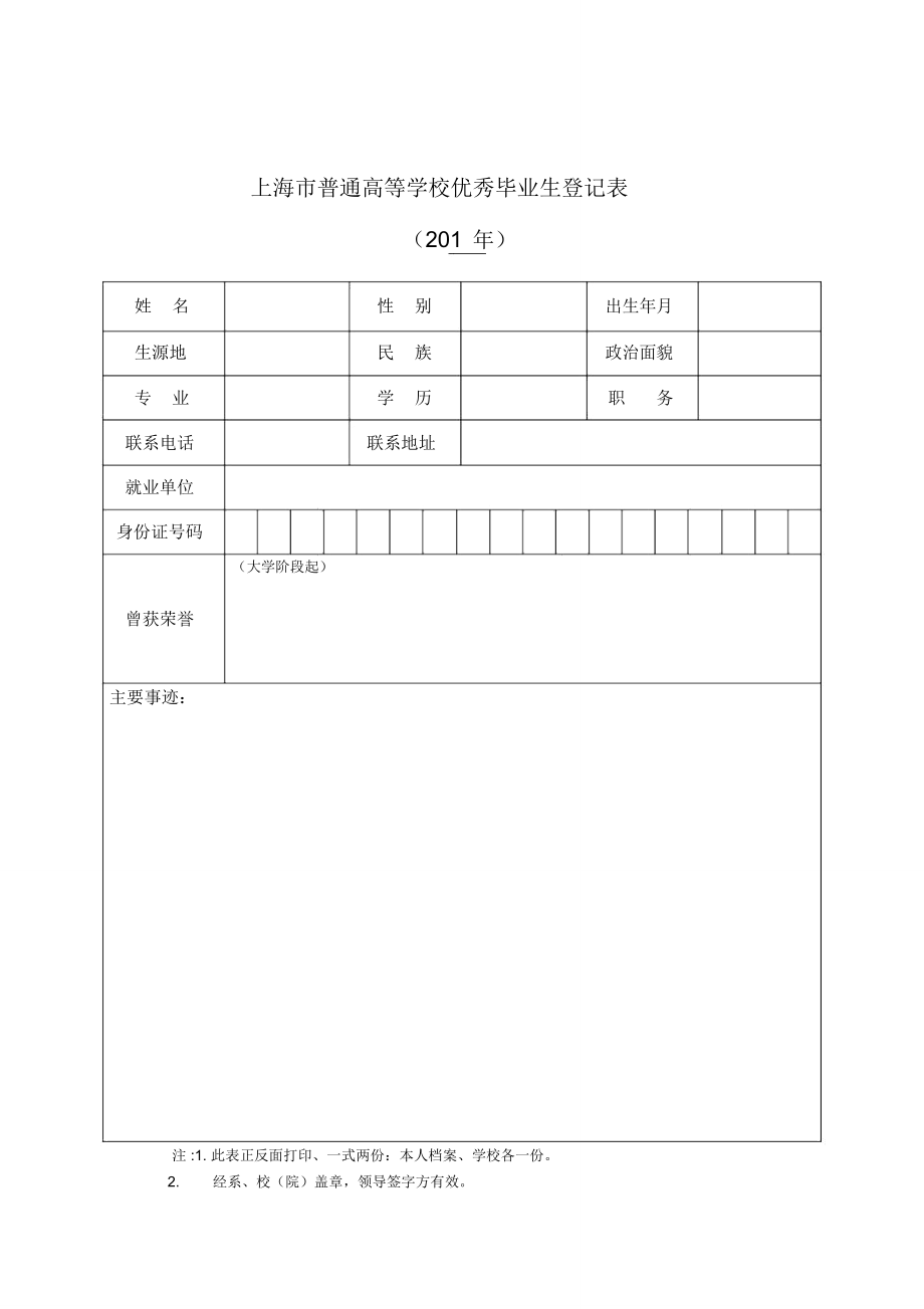上海市普通高等学校优秀毕业生登记_第1页